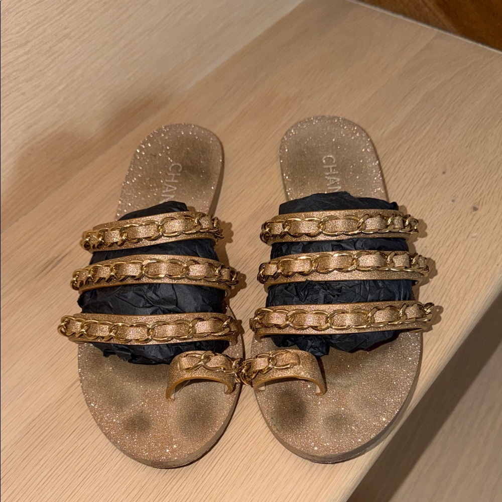 CHANEL Gold Chain Sandals 39.5